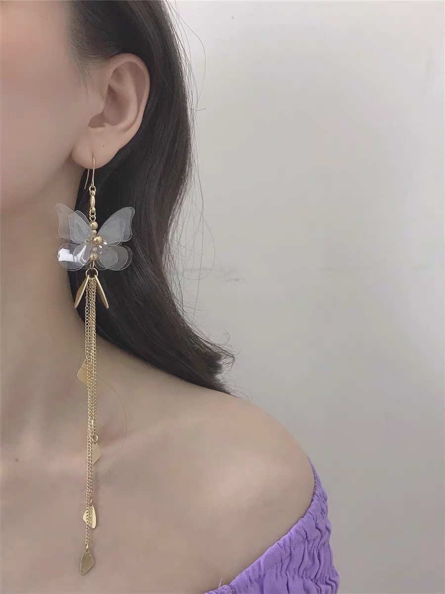 salt Forest style, super fairy-like, three-dimensional transparent butterfly, super long tassel earrings, exaggerated ear hooks, earrings for women Specification image