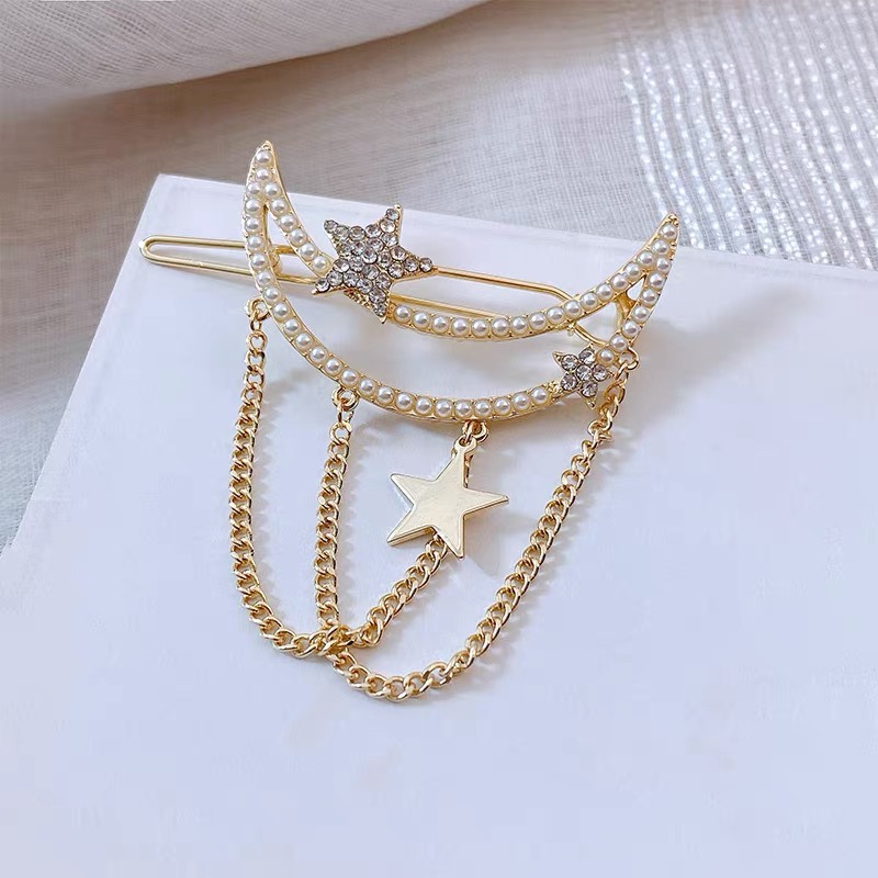 Fringe pearl hairpin one line clip side net red 2021 new side clip South Korean moon star hair accessories woman