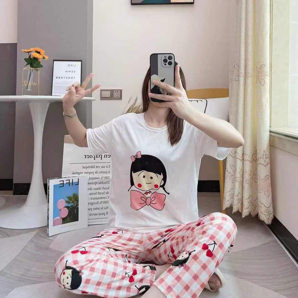 睡衣女新款夏卡通可爱时尚多花型两件套短袖长裤纯棉薄款可爱宽松家居服