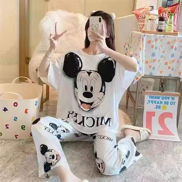 Cartoon cute pajama women's new multi-flower summer fashion two-piece set short-sleeved and long pants pure cotton thin, cute and loose home wear details Picture