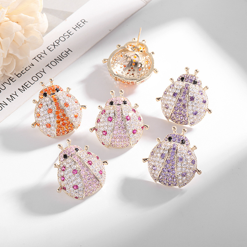 Cross-border European and American fashion, individual and high-end style earrings, colorful zircon earrings, golden heavy metal beetle insect stud earrings