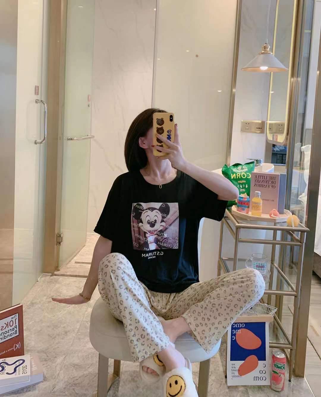 Cartoon cute pajama women's new multi-flower summer fashion two-piece set short-sleeved and long pants pure cotton thin, cute and loose home wear detail image 14