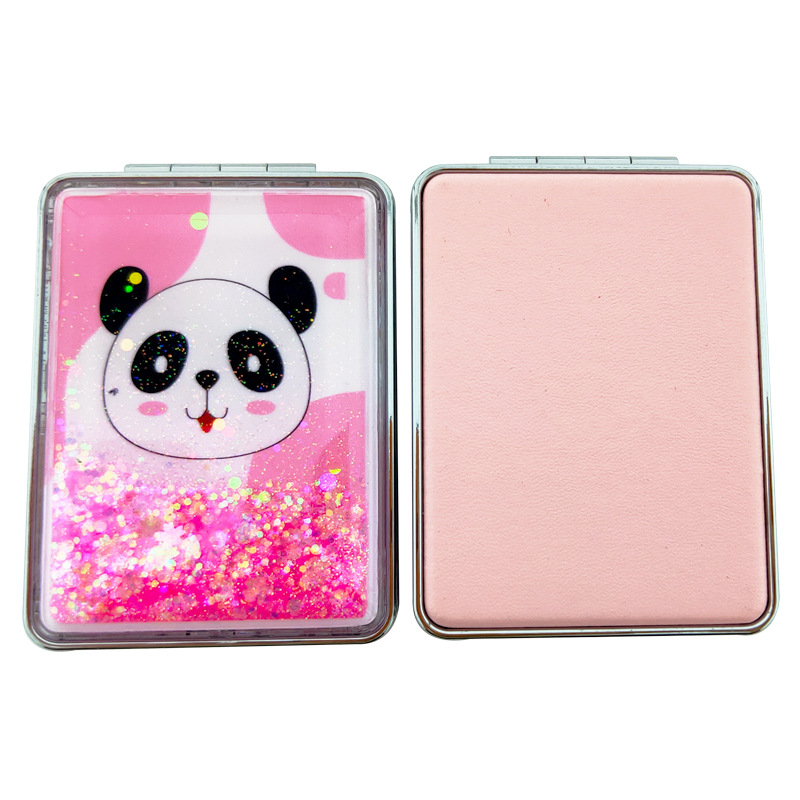 熊猫流沙化妆镜双面折叠便携时尚化妆镜白底实物图