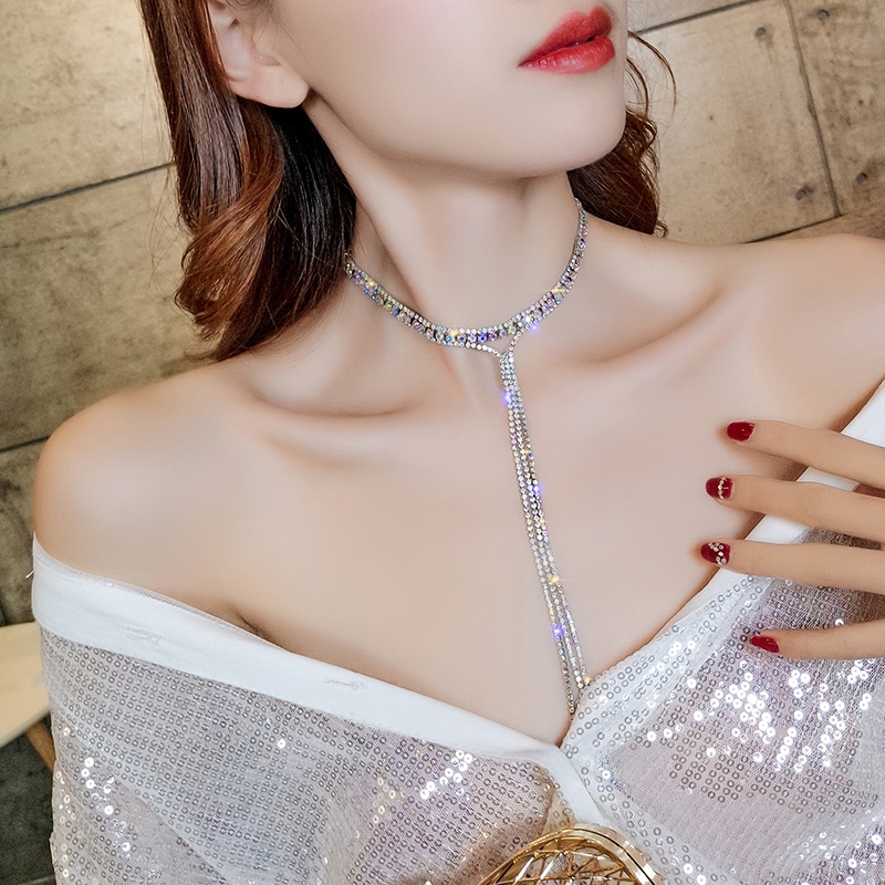 彩色闪钻长款流苏锁骨链短款项链女欧美夸张韩国气质颈链脖子饰品