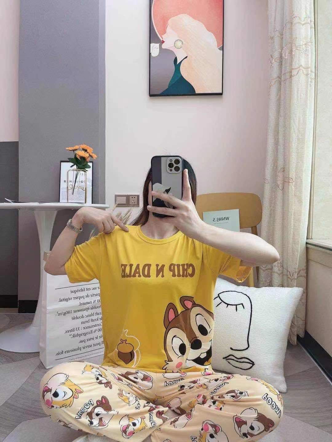 Cartoon cute pajama women's new multi-flower summer fashion two-piece set short-sleeved and long pants pure cotton thin, cute and loose home wear detail image 16