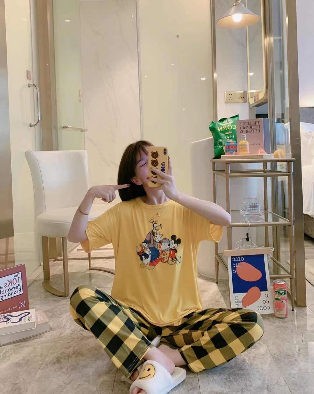 Cartoon cute pajama women's new multi-flower summer fashion two-piece set short-sleeved and long pants pure cotton thin, cute and loose home wear detail image 15