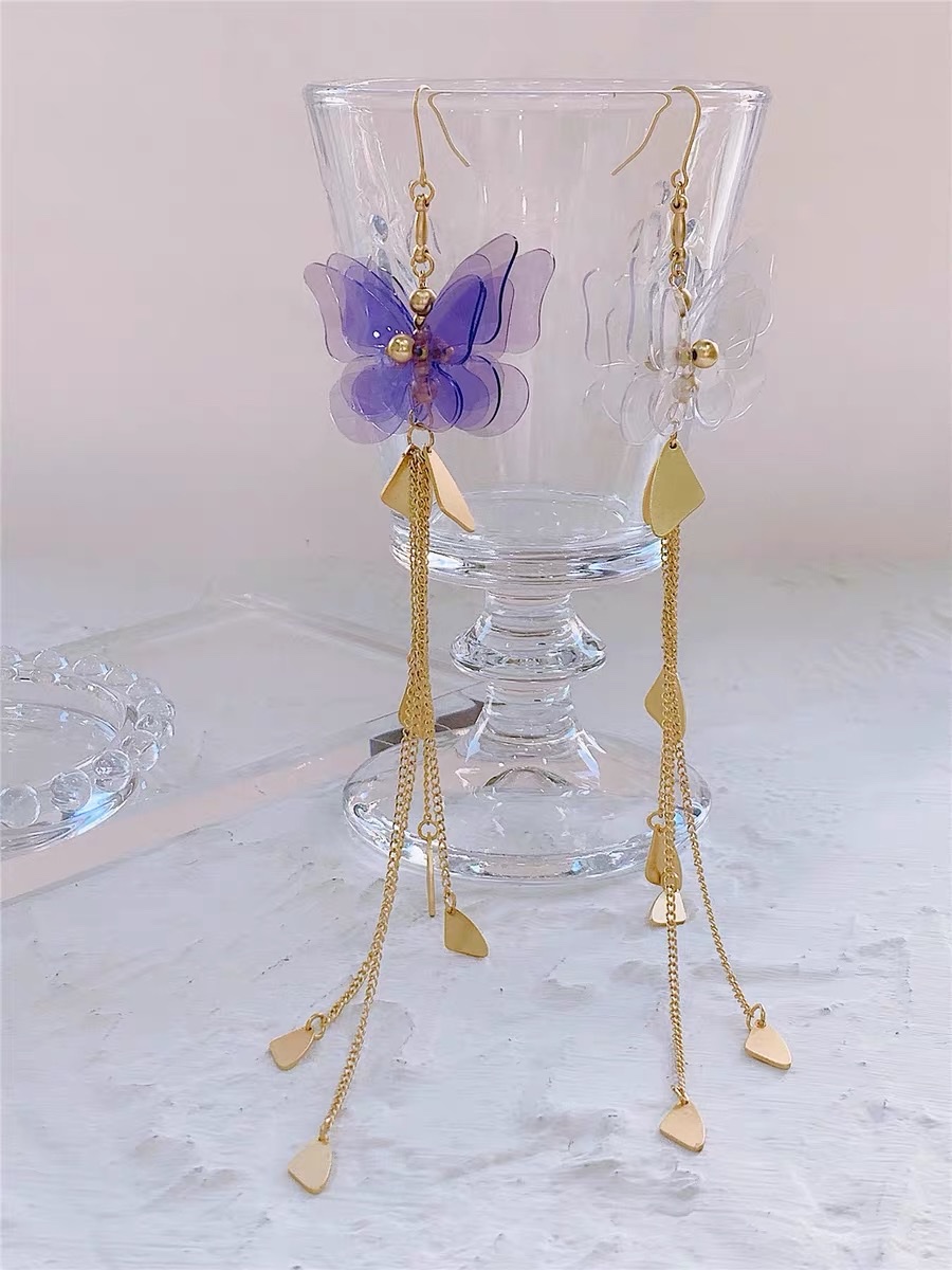 salt Forest style, super fairy-like, three-dimensional transparent butterfly, super long tassel earrings, exaggerated ear hooks, earrings for women Item Picture
