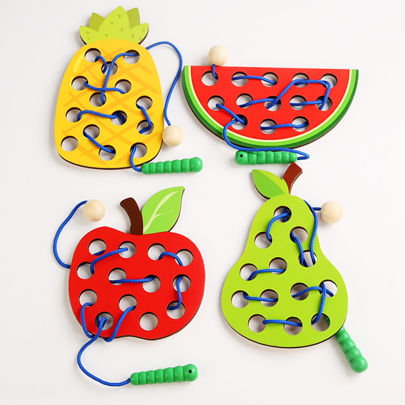 木制儿童早教益智玩具虫吃苹果水果穿线板穿绳游戏幼儿园蒙氏教具详情图2