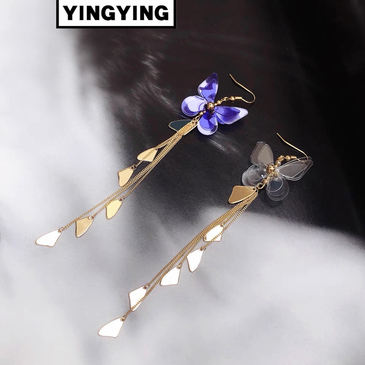 salt Forest style, super fairy-like, three-dimensional transparent butterfly, super long tassel earrings, exaggerated ear hooks, earrings for women details Picture