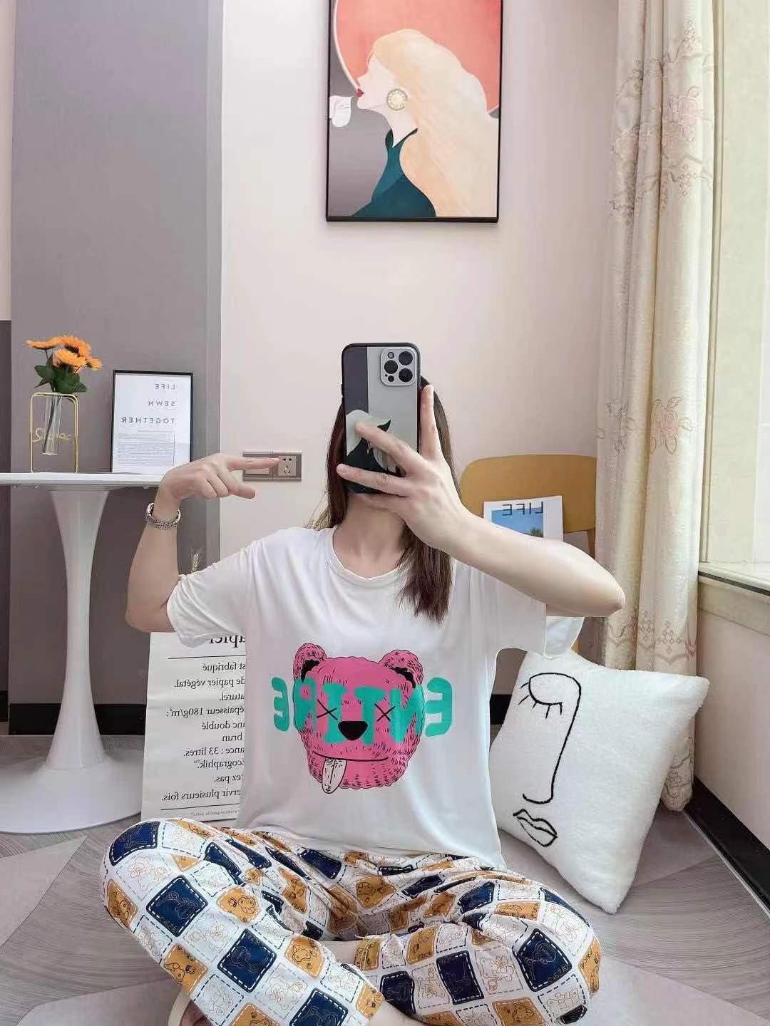 Cartoon cute pajama women's new multi-flower summer fashion two-piece set short-sleeved and long pants pure cotton thin, cute and loose home wear detail image 19