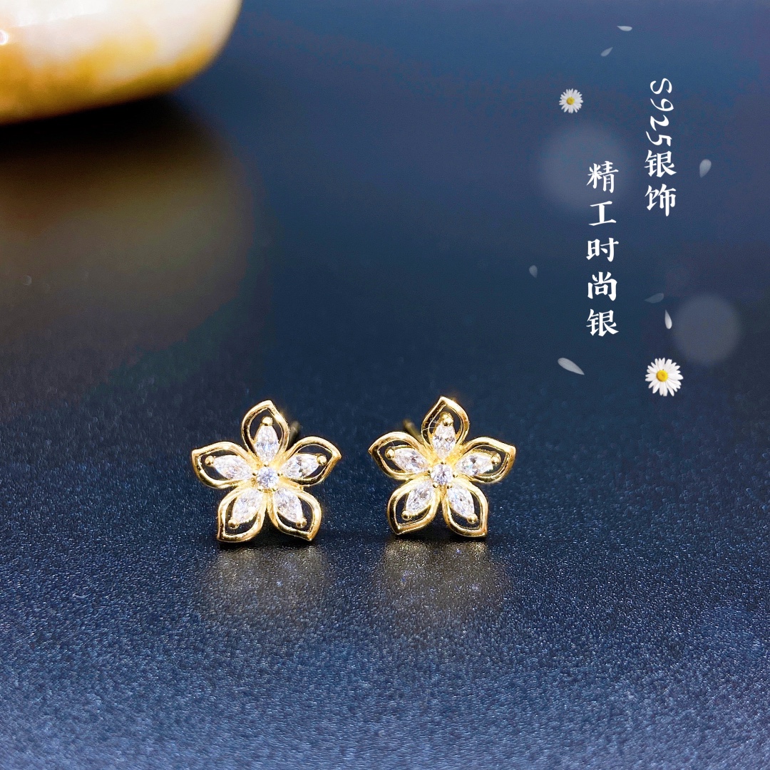 s925 Sterling Silver Earrings Floral Fashion Sparkly Silver jewelry -085