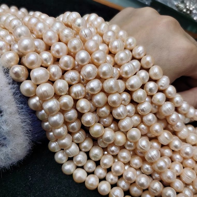 9-10mm淡水珍珠项链天然强光近圆粉色珍珠半成品散珠diy手工白底实物图