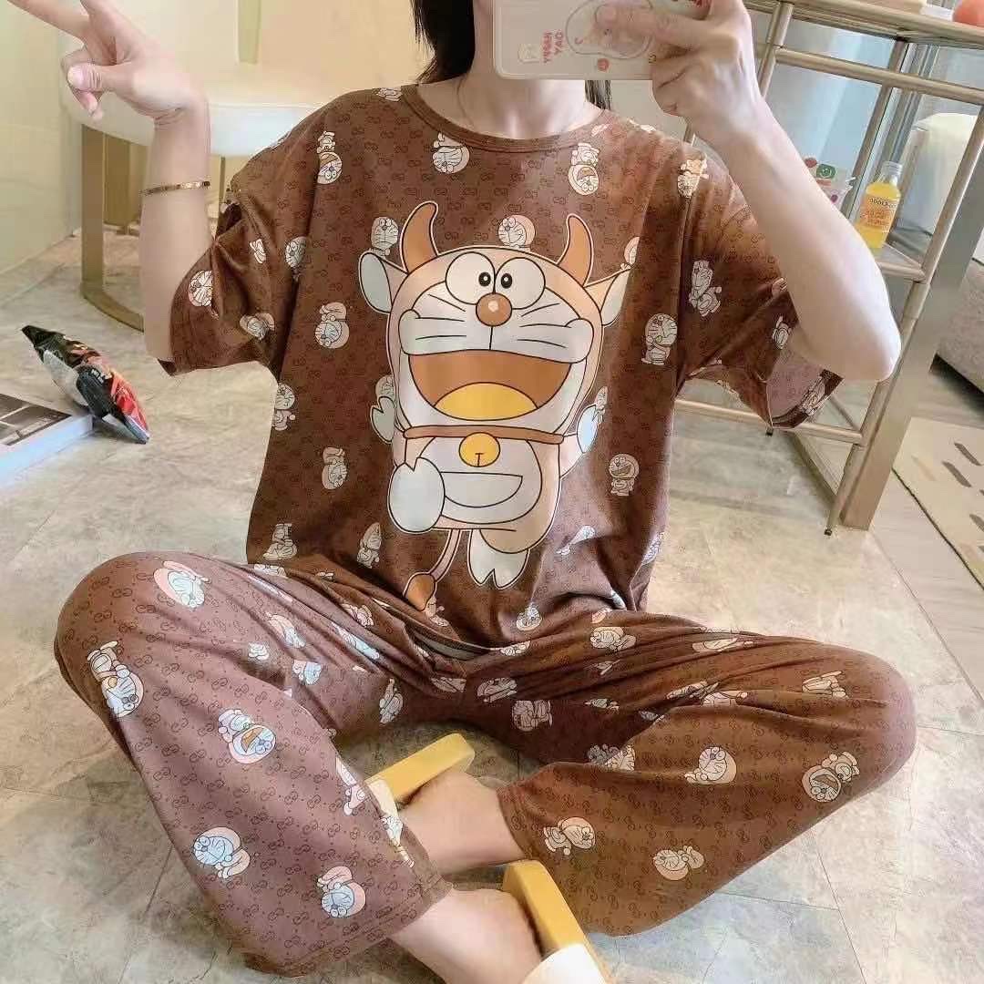 Cartoon cute pajama women's new multi-flower summer fashion two-piece set short-sleeved and long pants pure cotton thin, cute and loose home wear detail image 18