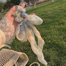 Oil painting style ribbon bow hair circle ~ins sweet summer little fresh girl hair rope teal hair cord