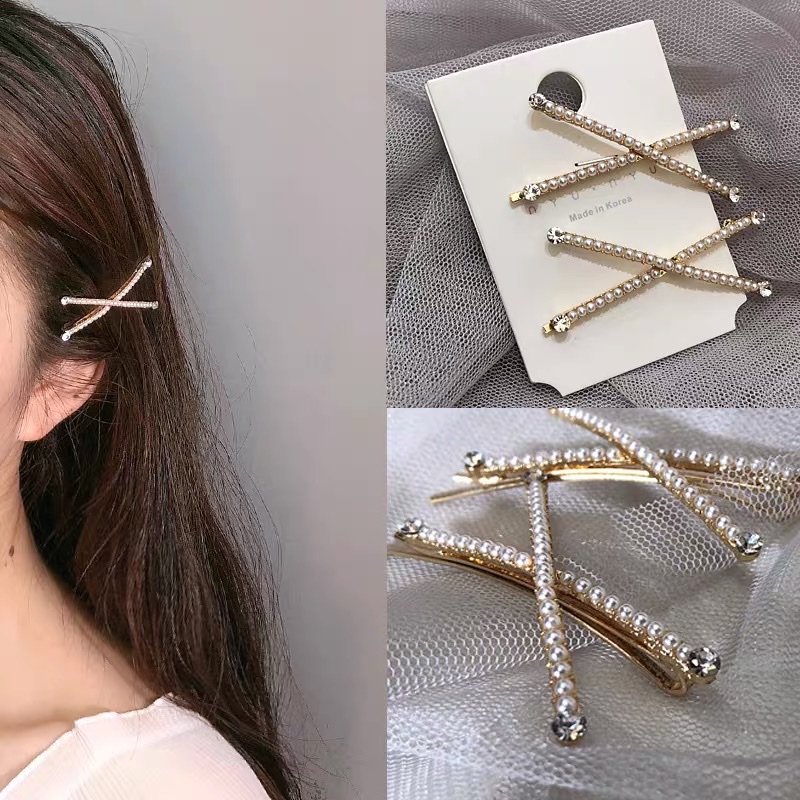 Simple and elegant style hair clips, one-line bangs, seaside clips, popular female celebrity pearl water diamond hair clips, Korean Application Scenario