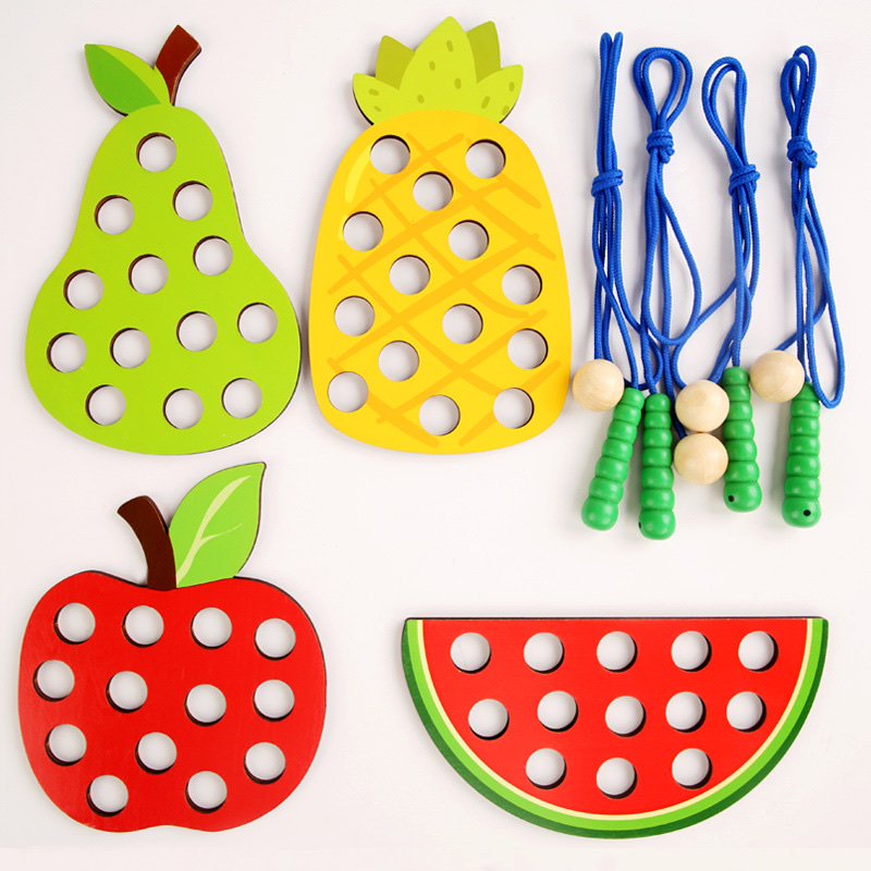 Wooden children's early education and intelligence toys, insect-eating apples, fruit stringing board, rope stringing game, Montessori teaching AIDS for kindergartens Specification image