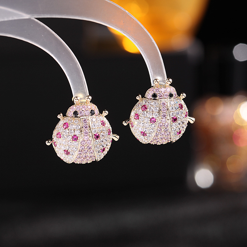 Cross-border European and American fashion, individual and high-end style earrings, colorful zircon earrings, golden heavy metal beetle insect stud earrings detail image 1
