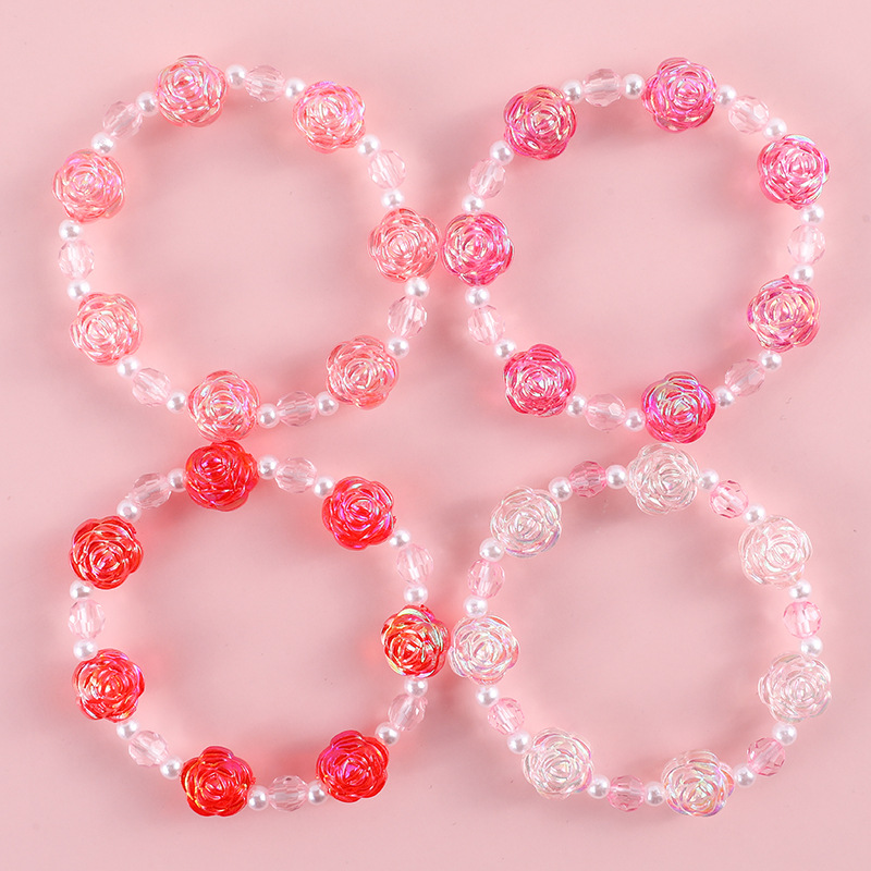 New children's flower beaded bracelet, acrylic in four colors to choose from, exquisite rose-shaped little girl bracelet Specification image