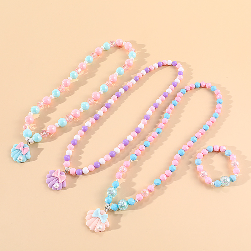 Cute pearl Shell necklace bracelet set Girls Resin pendant + acrylic beads colored children's jewelry