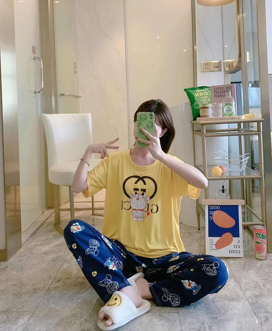 Cartoon cute pajama women's new multi-flower summer fashion two-piece set short-sleeved and long pants pure cotton thin, cute and loose home wear Item Picture