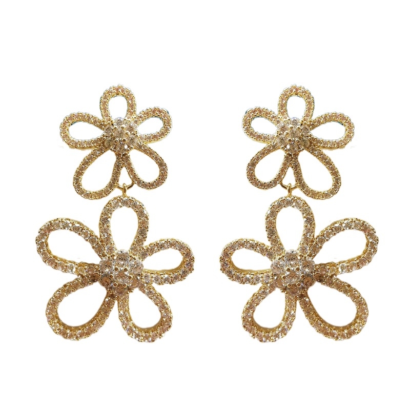 金色花朵耳环高级感轻奢圆脸纯银超仙法式长款精致气质耳饰图