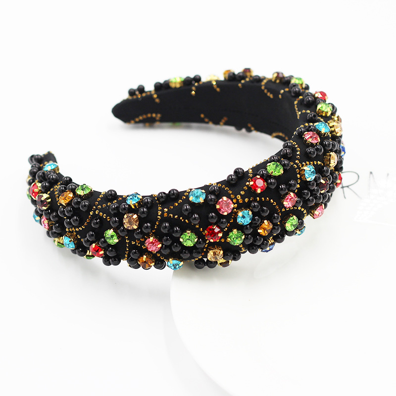 Europe And The United States Fashion Sponge Particle Black Pearl Diamond Set Geometric Headband details Picture
