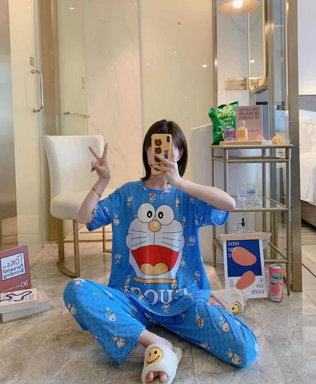 Cartoon cute pajama women's new multi-flower summer fashion two-piece set short-sleeved and long pants pure cotton thin, cute and loose home wear detail image 7
