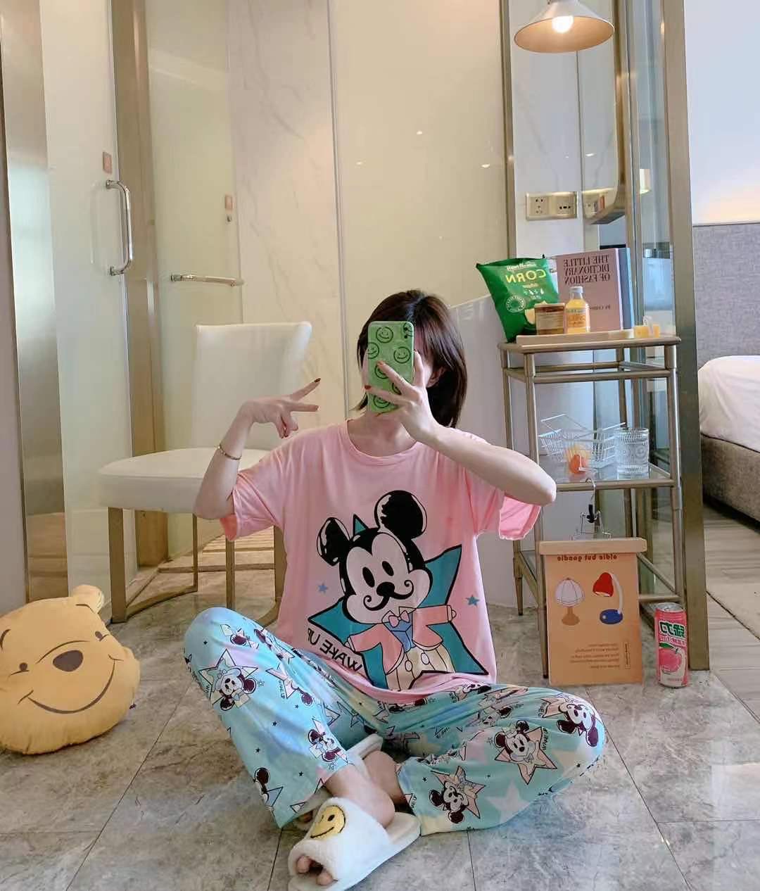 Cartoon cute pajama women's new multi-flower summer fashion two-piece set short-sleeved and long pants pure cotton thin, cute and loose home wear Application Scenario