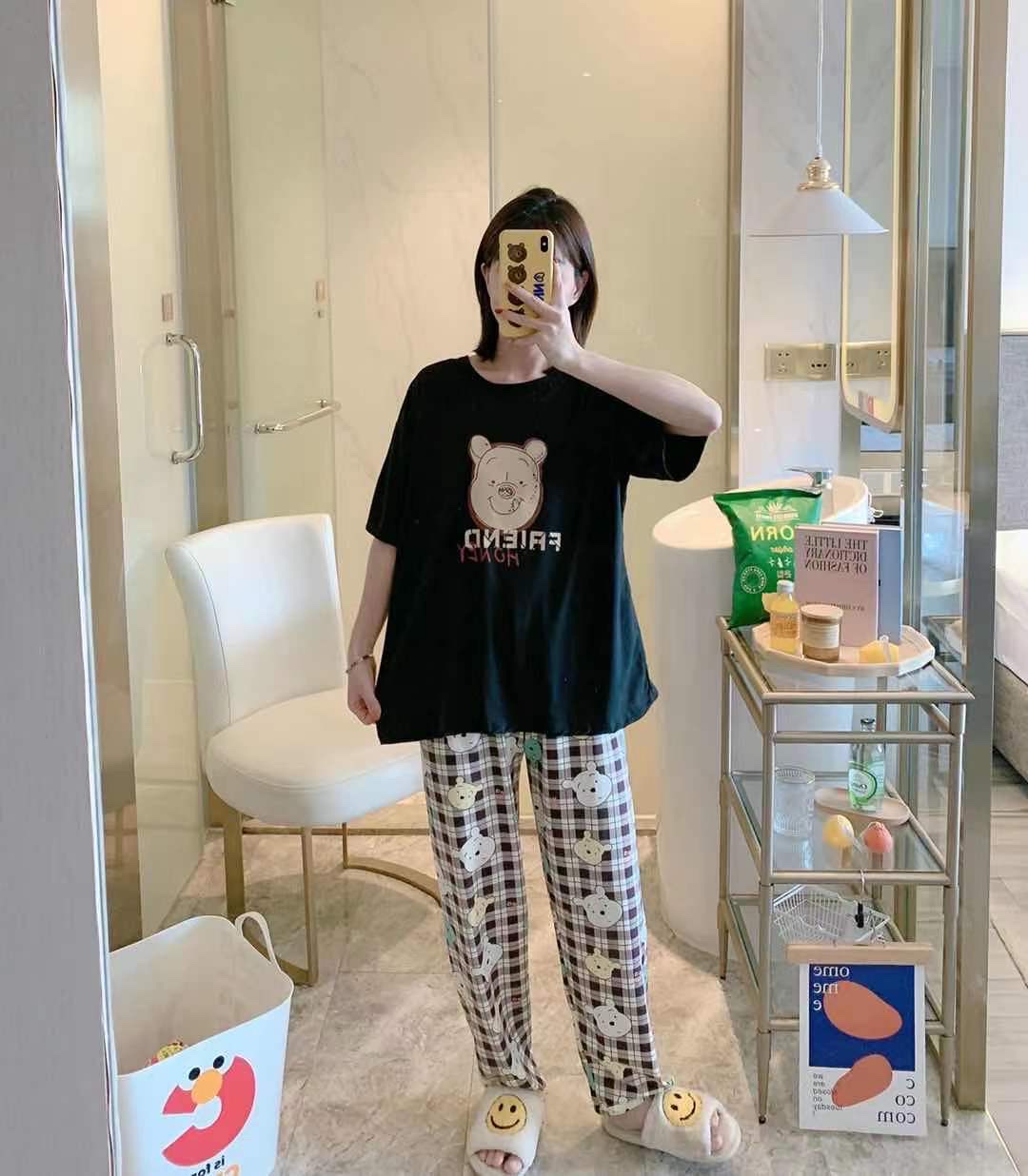 Cartoon cute pajama women's new multi-flower summer fashion two-piece set short-sleeved and long pants pure cotton thin, cute and loose home wear detail image 2