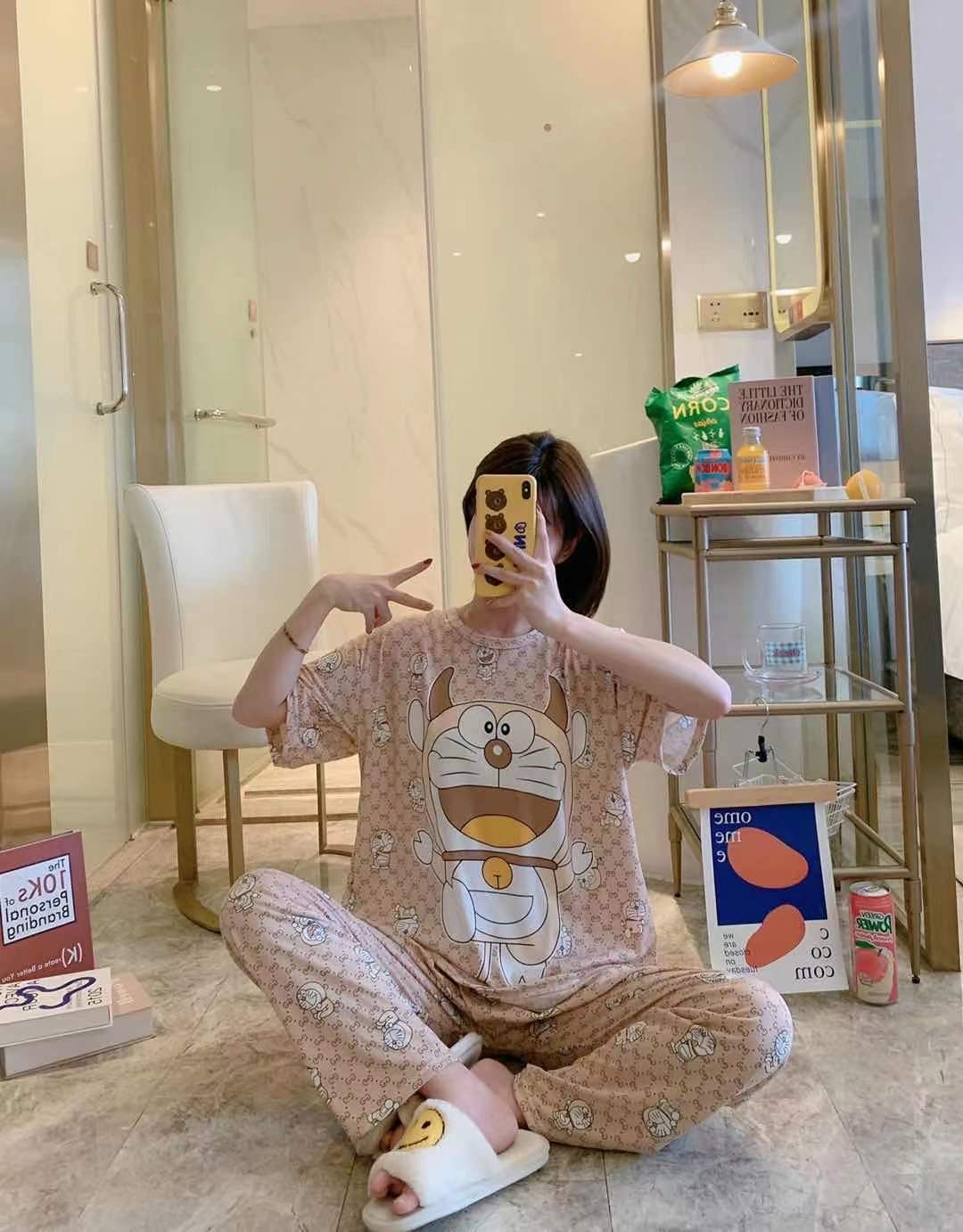 Cartoon cute pajama women's new multi-flower summer fashion two-piece set short-sleeved and long pants pure cotton thin, cute and loose home wear detail image 8