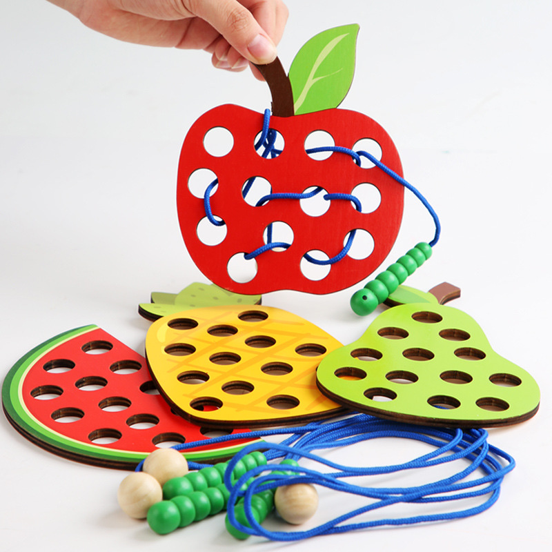 木制儿童早教益智玩具虫吃苹果水果穿线板穿绳游戏幼儿园蒙氏教具详情图4