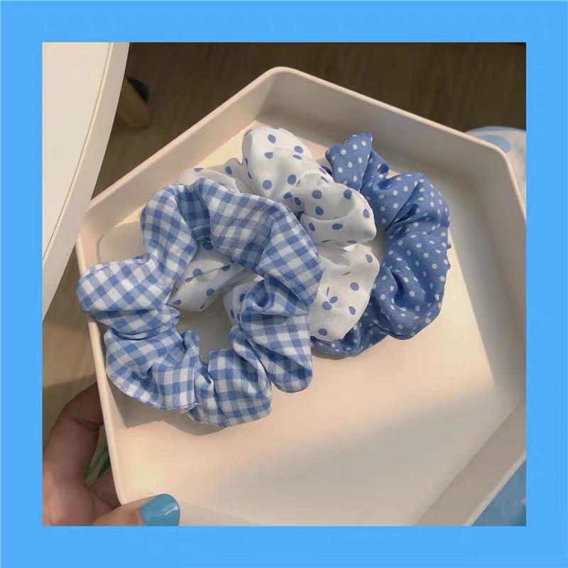 Blue large colon 3 sets ~ Spring and summer new hair circle ins polka dot checkered hair rope head rope sweet hair accessories
