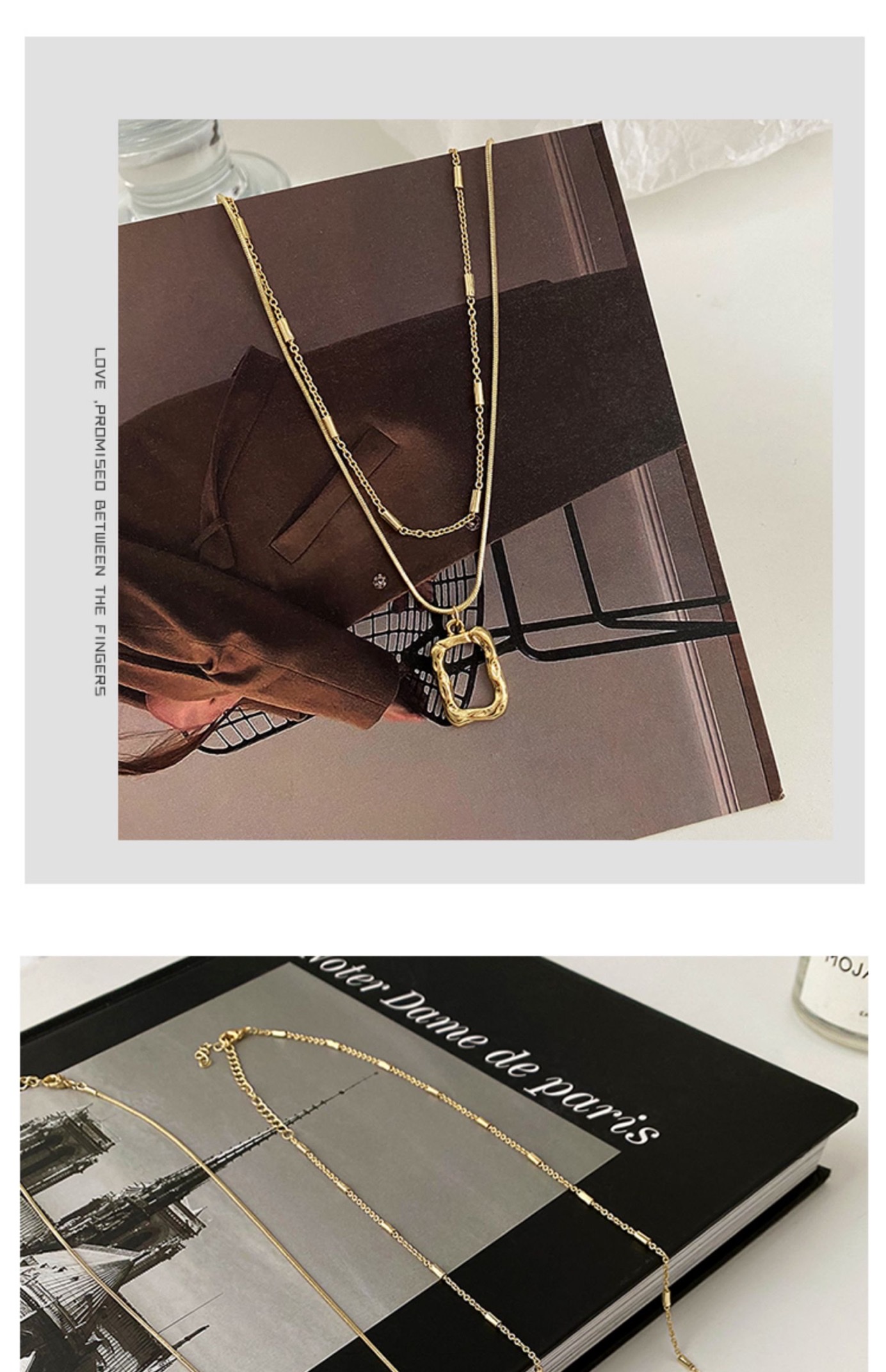 Korean style double-layer square pendant necklace, women's collarbone chain, light luxury and niche design sense, 2021 new style necklace Item Picture