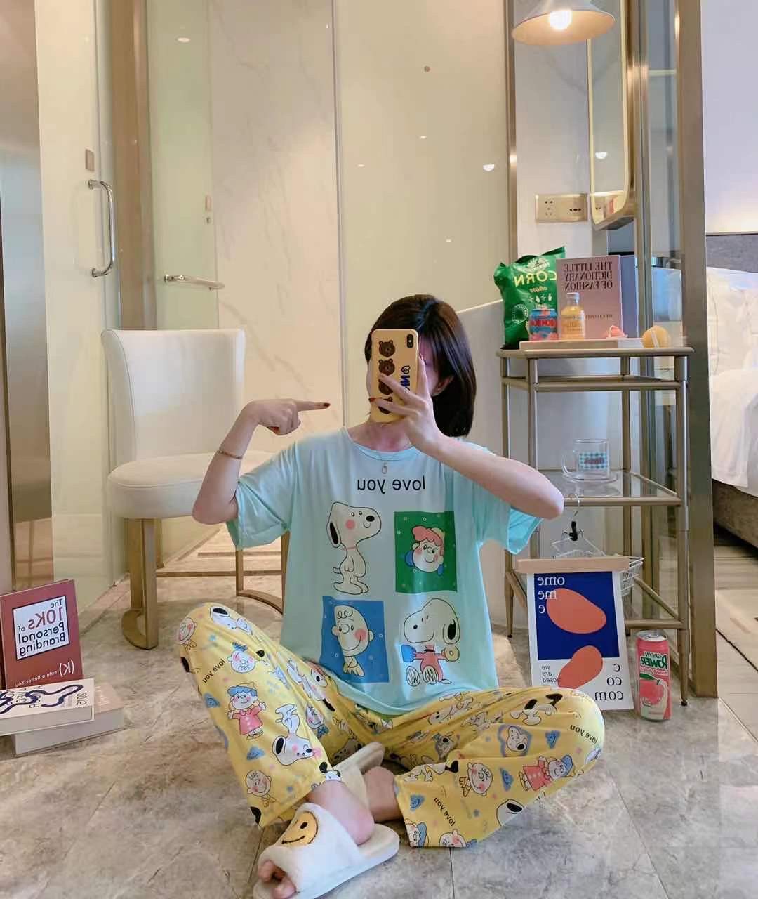 Cartoon cute pajama women's new multi-flower summer fashion two-piece set short-sleeved and long pants pure cotton thin, cute and loose home wear detail image 12