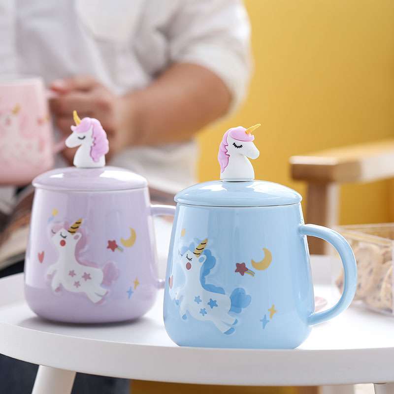Creative cartoon ceramic cups, cute girl office cups, unicorn covered mugs, simple household water cups details Picture
