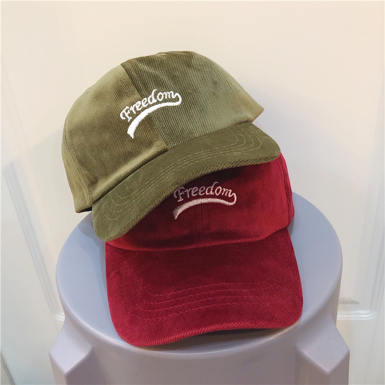 New corduroy baseball caps with embroidered letters, freedom, dark green men's and women's sun hats for autumn and winter