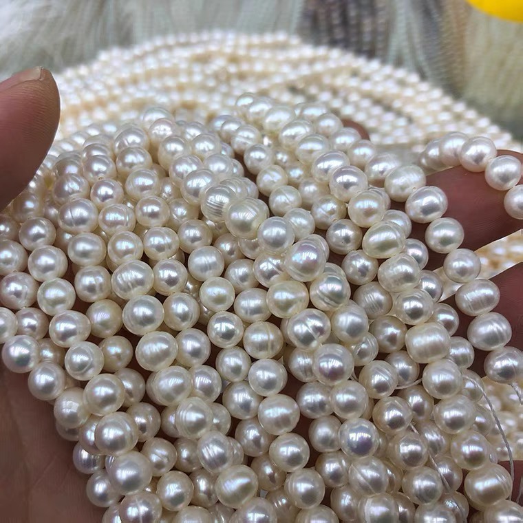 天然淡水6-7mm近圆珍珠项链材料 手工diy螺纹散珠冲头半成品量大从优低价批发