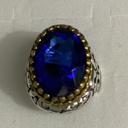 电古银13x18椭圆形双色底宝兰色切面仿古流行时尚男士戒指