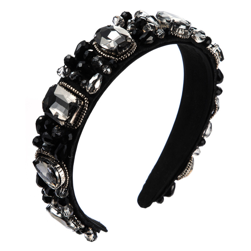 European and American women's Bohemian water diamond Baroque crystal set wide border retro court-style grey black hair band Specification drawing