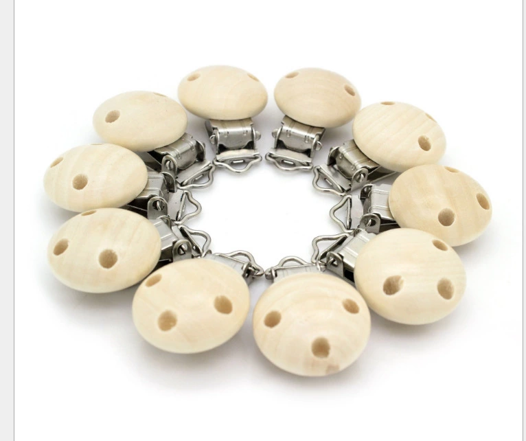 30mm荷木奶嘴夹diy安抚防掉链夹圆形无孔三孔 木质奶嘴夹批发产品图