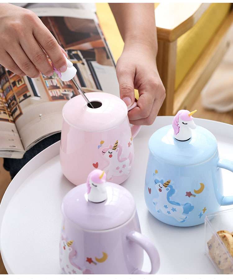 Creative cartoon ceramic cups, cute girl office cups, unicorn covered mugs, simple household water cups detail image 13