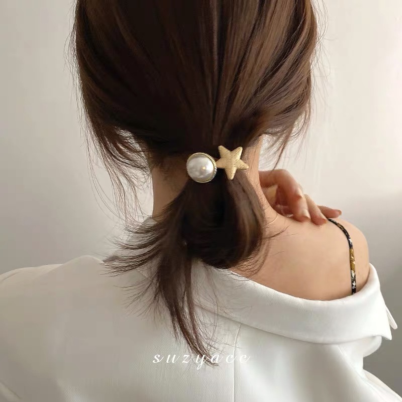 Emilia Pearl Hair Tie for Women, Korean imported simple and elegant five-pointed star hair tie tied into a bun, elastic band, popular Instagram hair accessory 020