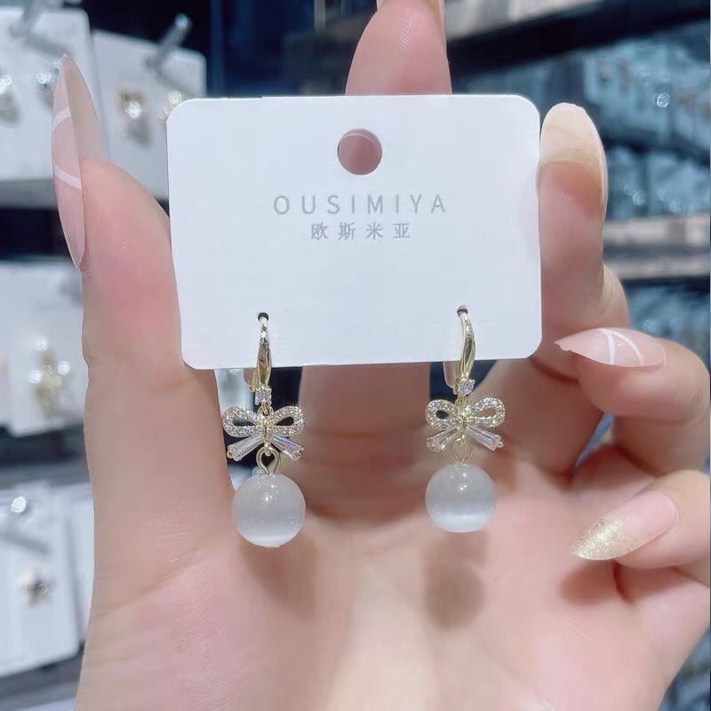 S925银针鱼勾吊蝴蝶结猫眼石坠时尚气质网红百搭耳环