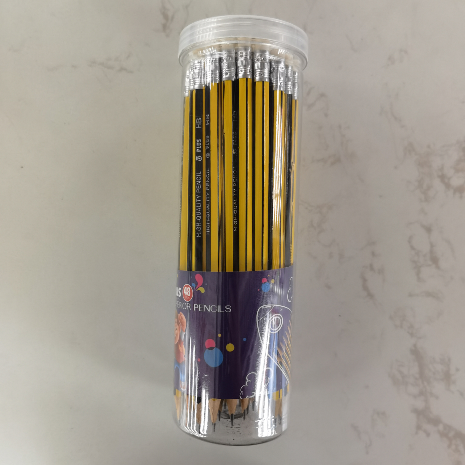 48支笔筒装，桶装黄黑抽条铅笔