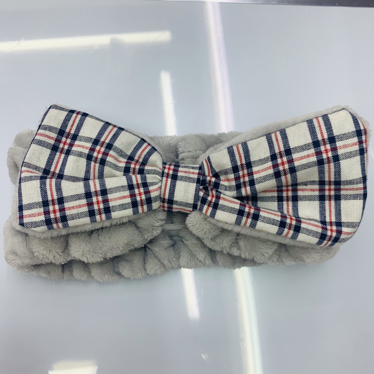 Korean check face wash headband gray