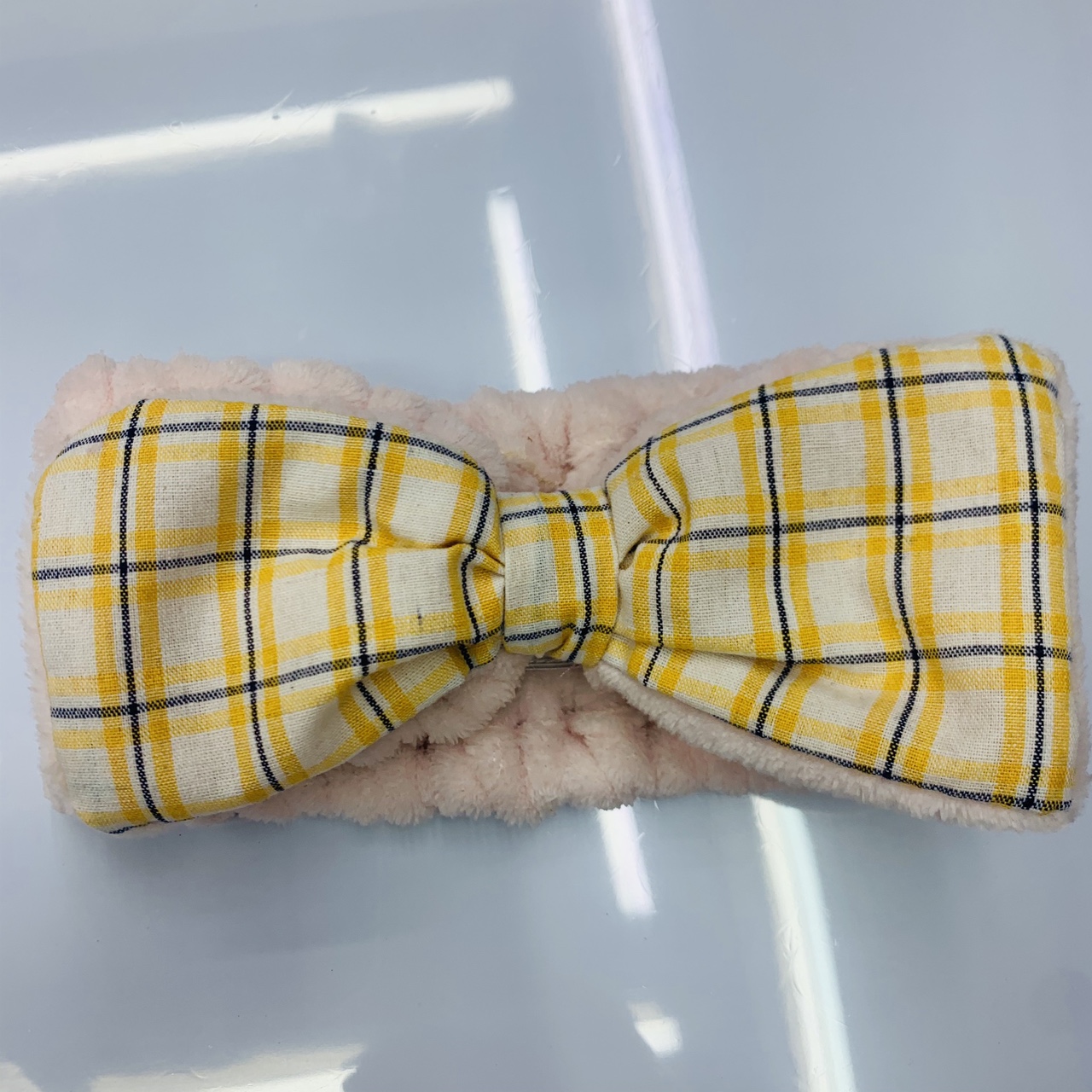 Korean check face wash headband beige