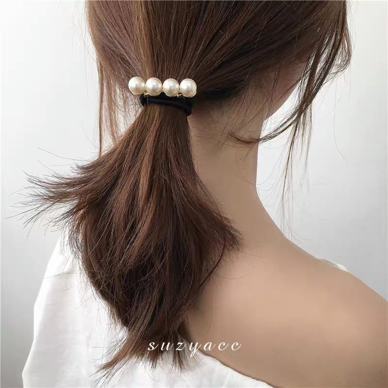 SuzyAcc Kr Korean imported pearl hair tie for women, Dongdaemun, simple and elegant ponytail leather band hair tie headwear 014