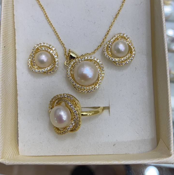 鸟巢3件套天然珍珠项链戒指耳钉