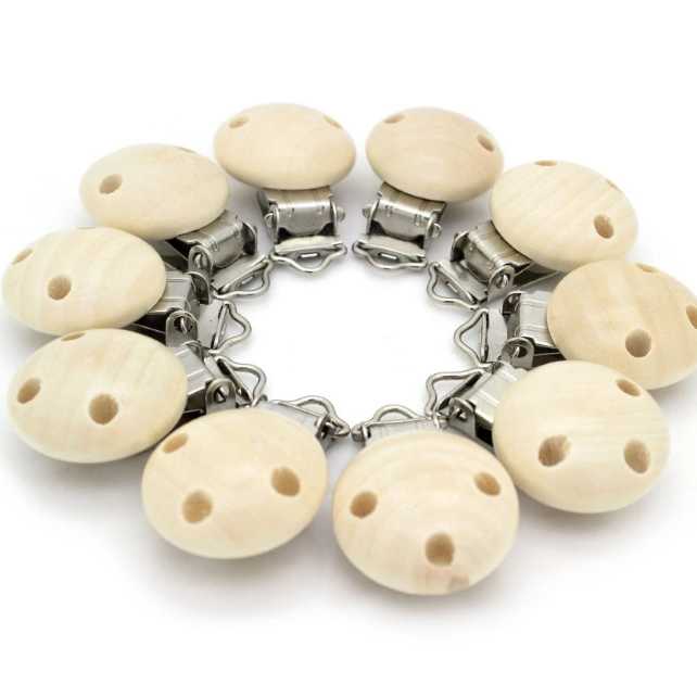 30mm荷木奶嘴夹diy安抚防掉链夹圆形无孔三孔 木质奶嘴夹批发