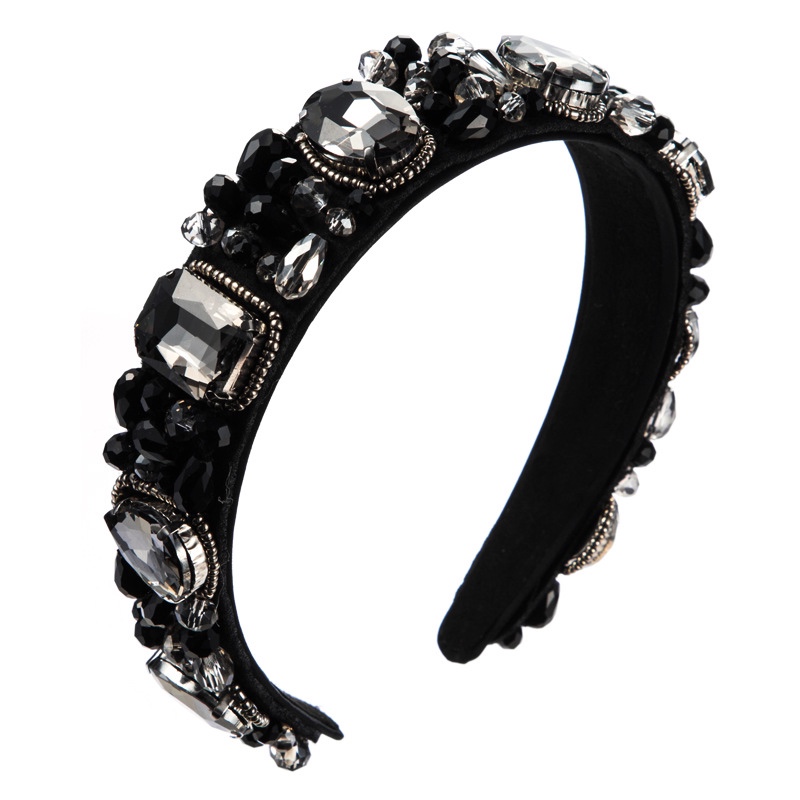 European and American women's Bohemian water diamond Baroque crystal set wide border retro court-style grey black hair band full figure